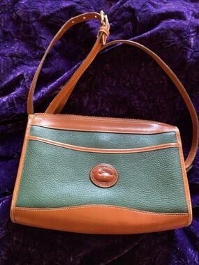 Vintage Dooney & Bourke All-Weather Leather crossbody bag fir green tan trim